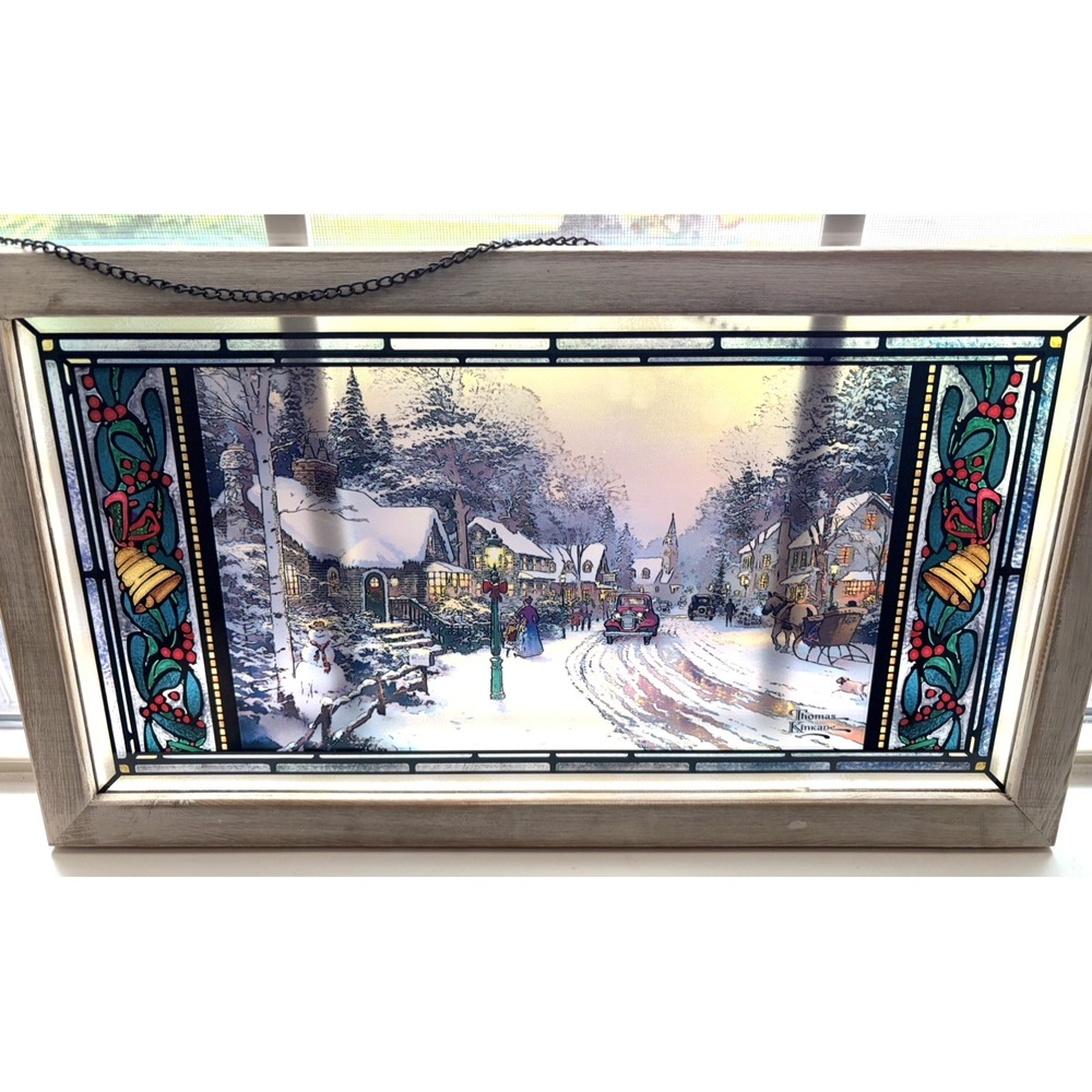 Thomas Kinkade Village Christmas Framed Glass Art 13"x23"